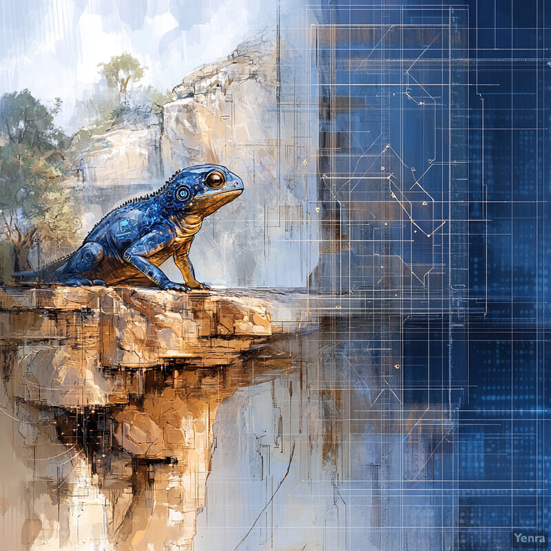 A blue and brown lizard perched on a rock in front of a forest.