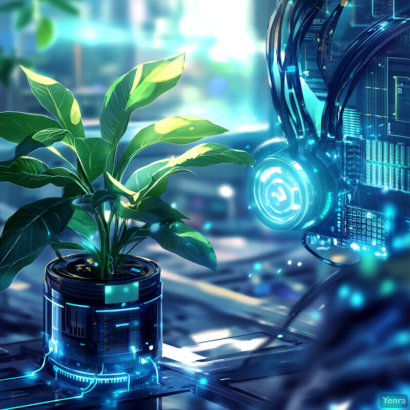 A potted plant sits on a futuristic-looking surface in an industrial setting.