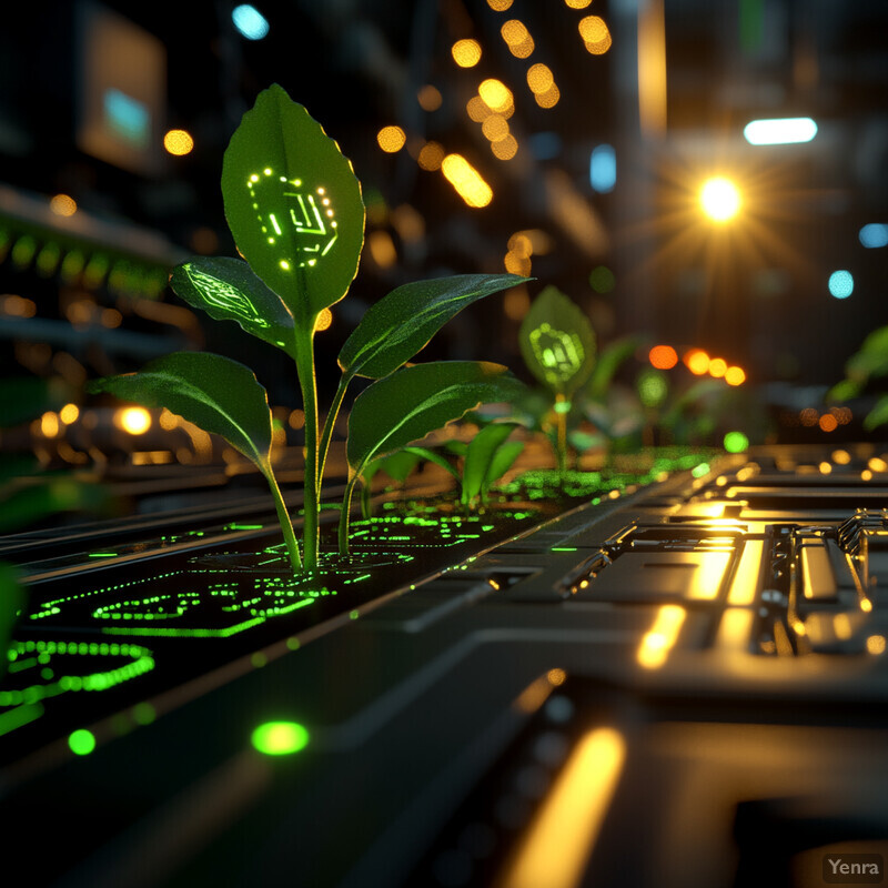 A futuristic scene where plants have grown on top of computer circuit boards or microchips.