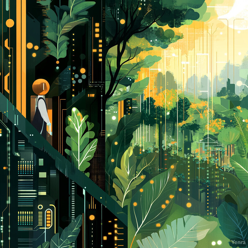 A futuristic cityscape with a blend of nature and technology.