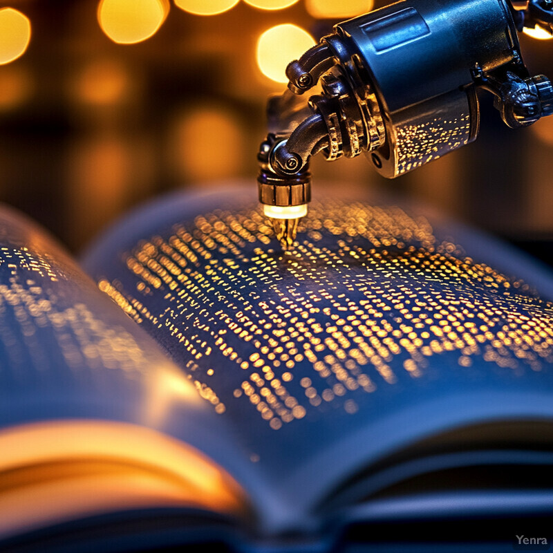 A robotic arm is positioned above an open book with a grid-like pattern of yellow dots, suggesting advanced data processing or analysis.