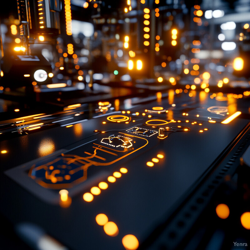 A futuristic-looking circuit board with various components and wires, set against a dark background.