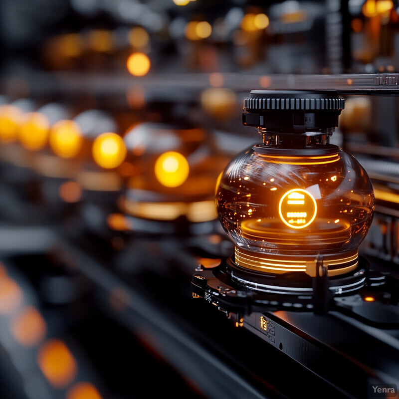 Industrial setting with rows of glass containers on metal racks.