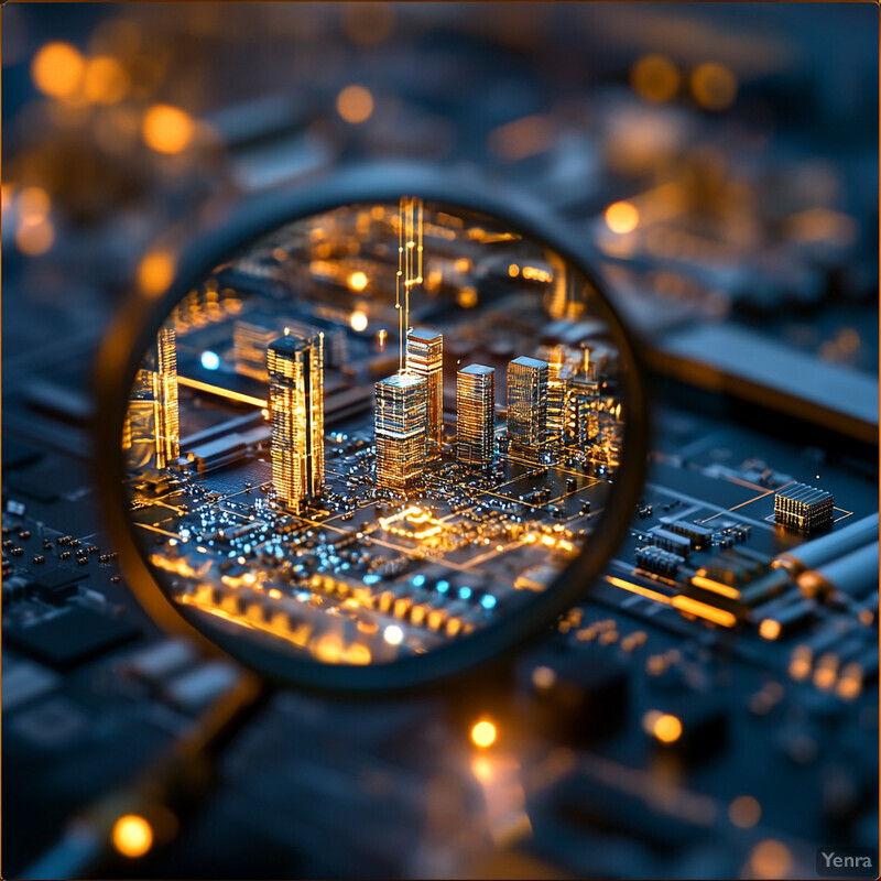 A magnifying glass focused on a computer motherboard, showcasing its intricate circuitry and components.