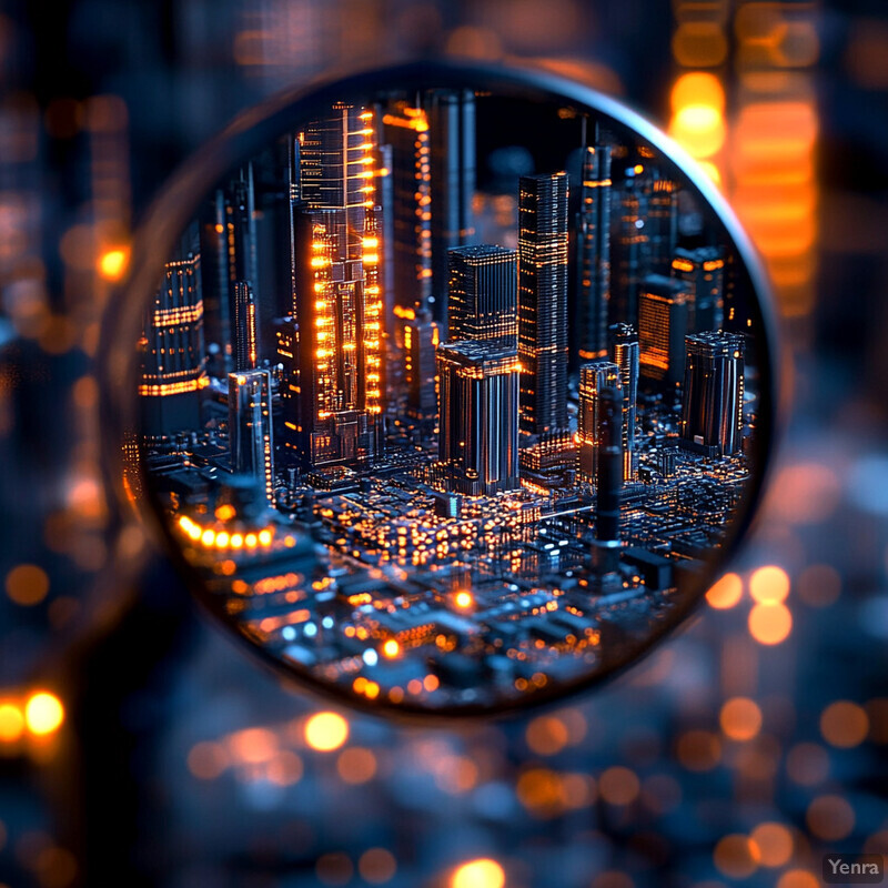 A cityscape captured through a circular lens or mirror, showcasing towering skyscrapers and glowing streetlights.