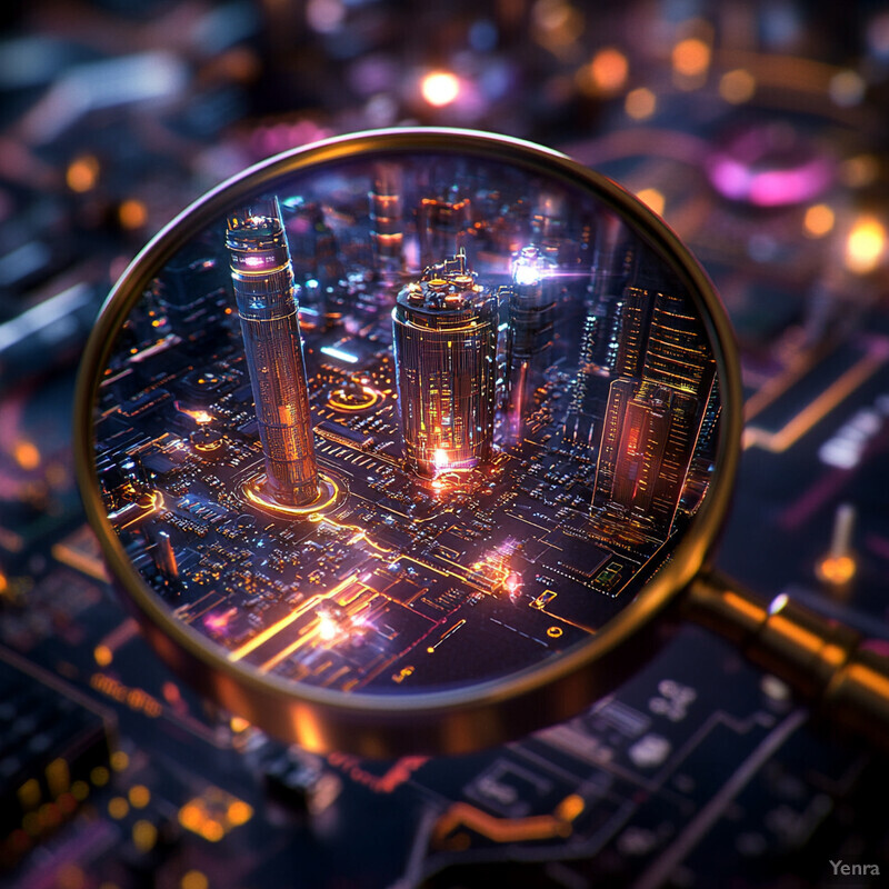 A magnified view of a computer chip or circuit board through a gold-rimmed lens, showcasing intricate details and a unique blend of microscopic and macroscopic elements.