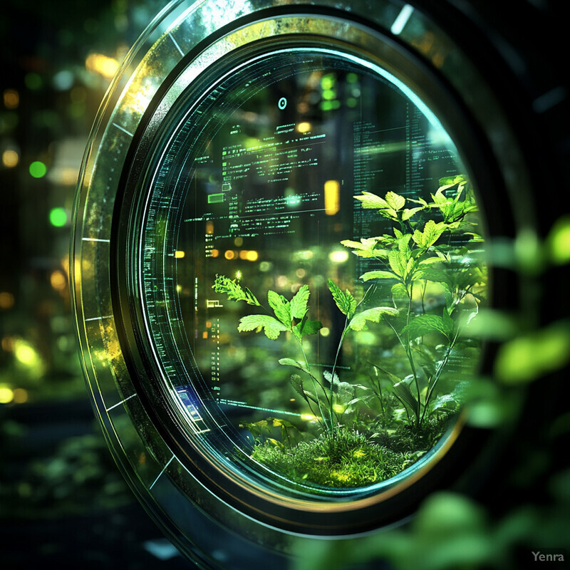 A futuristic laboratory with a large circular window displaying data and information related to plant growth.