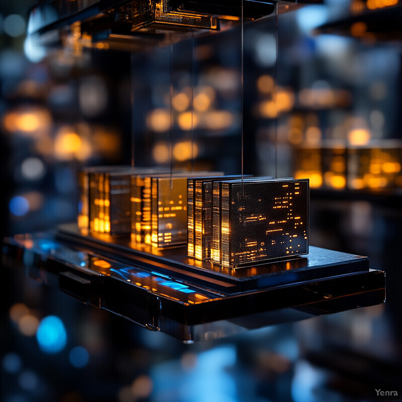 Three golden cubes suspended in a glass case, possibly in a museum or lab.