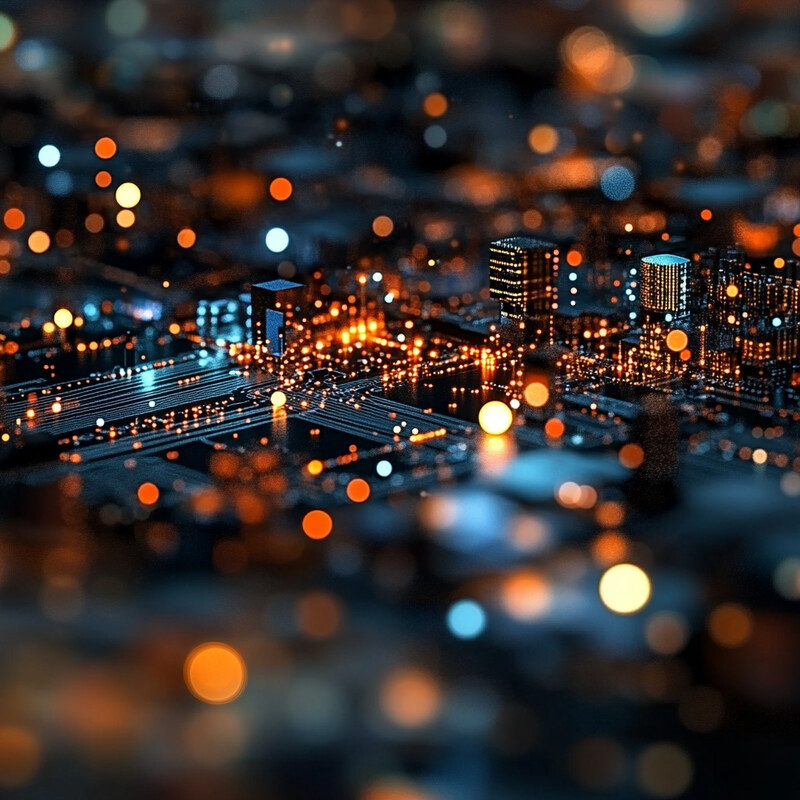 Aerial view of a cityscape at night with empty roads and illuminated buildings.