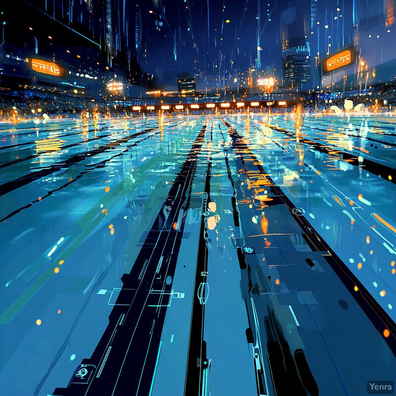 A futuristic cityscape with a focus on infrastructure and transportation, featuring an intelligent thread pool management system.