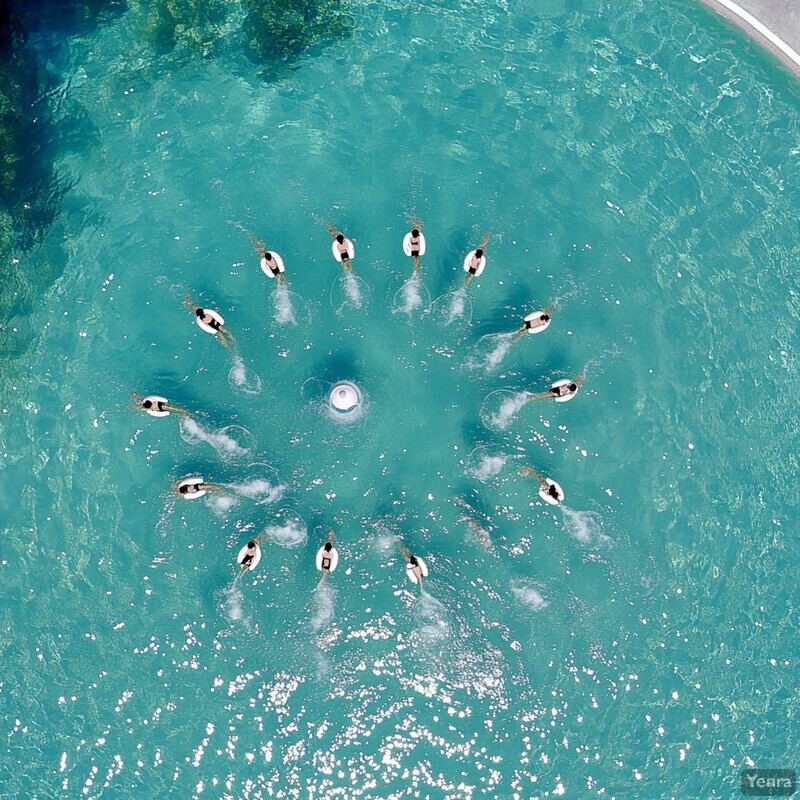 A group of people gathered in an outdoor pool surrounded by trees.