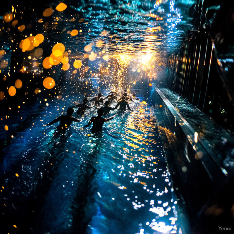 A group of people swim in an indoor pool surrounded by a city skyline at night.