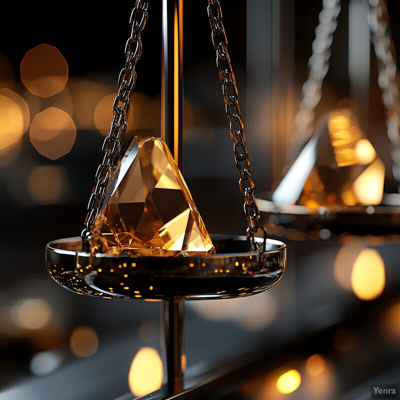 A luxurious image featuring an amber-colored diamond-shaped crystal or glass object suspended from chains on a metal stand, set against a dark background.