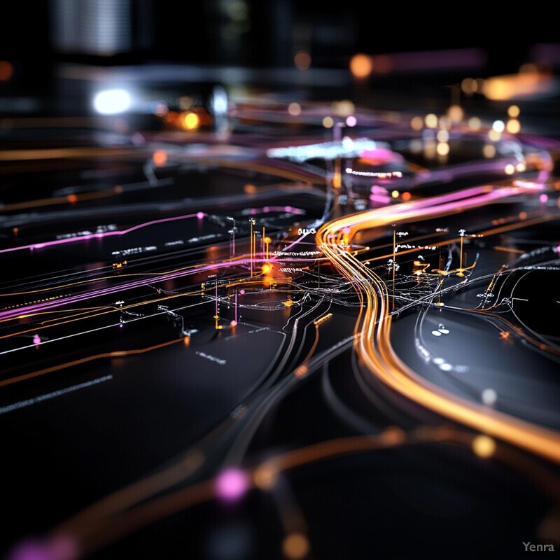 A complex network topology with interconnected nodes and paths, showcasing a sophisticated routing optimization system.