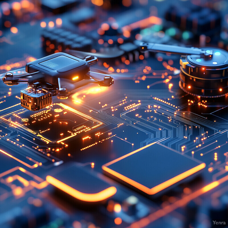 A detailed view of an electronic circuit board with various components and connections.