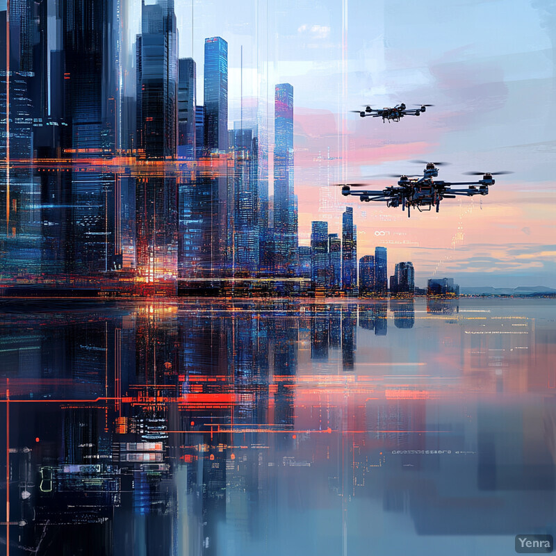 A futuristic cityscape with flying drones and modern skyscrapers.