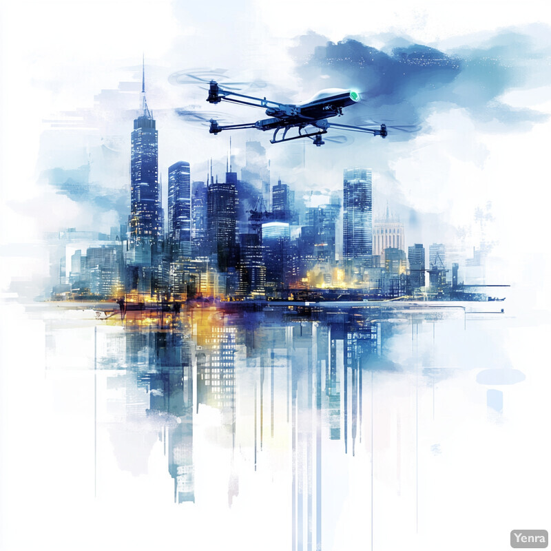 A futuristic cityscape with a drone flying above it.