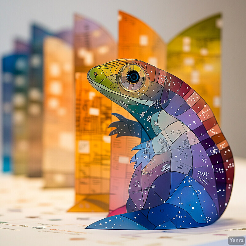 A colorful 3D origami-style lizard sculpture made from paper.