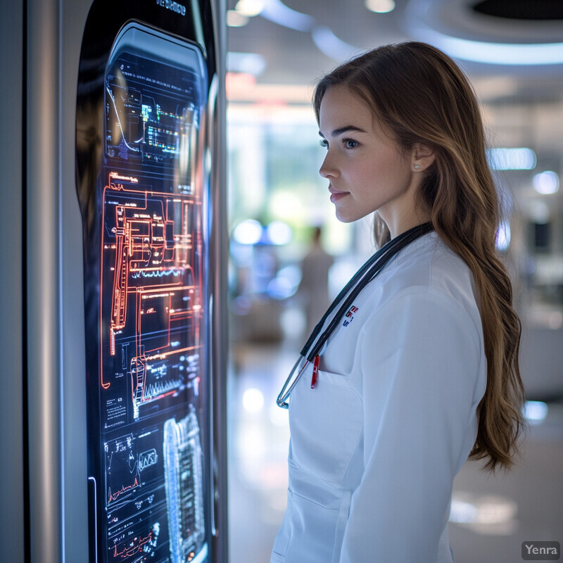 A medical professional analyzes data on a large screen in a hospital or clinic setting.