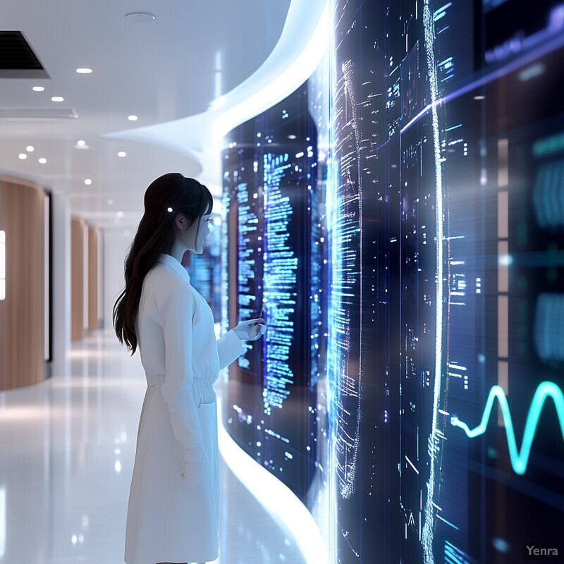 A woman in a white lab coat is analyzing data on a large screen.