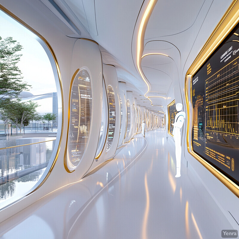 A futuristic hallway with white walls and floors, featuring large windows and black screens displaying yellow text related to health or medical information.