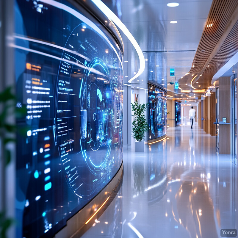 A futuristic hallway with large screens displaying data and information.