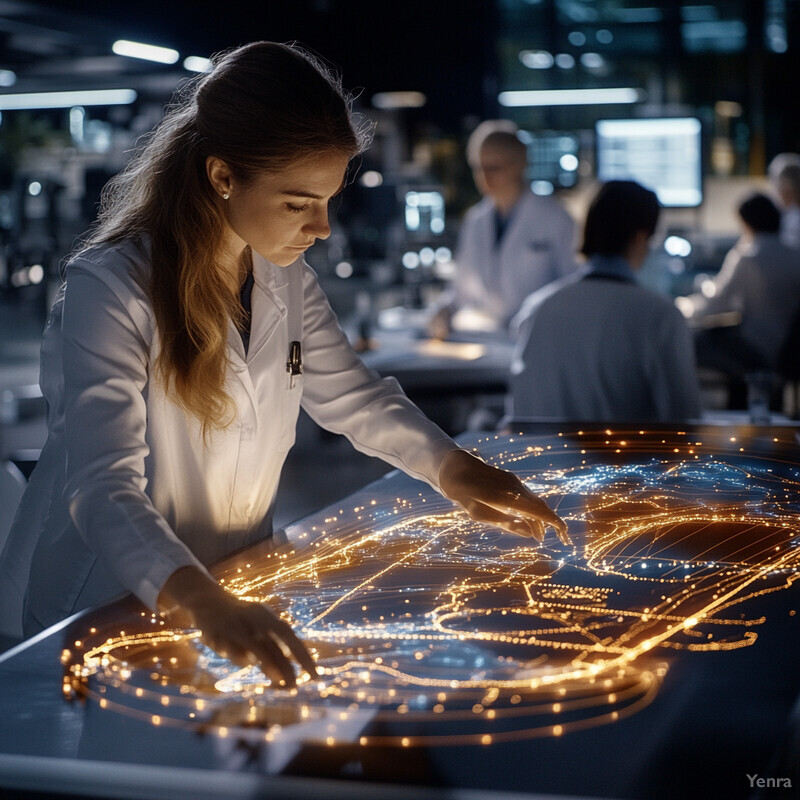 A woman in a white lab coat stands at an interactive display with a glowing blue and gold map of a cityscape, surrounded by other experts in a high-tech laboratory or meeting space.