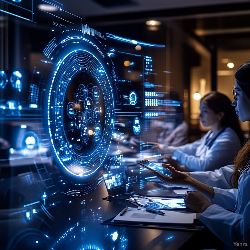 A group of people gathered around a large screen displaying data visualizations and graphs.