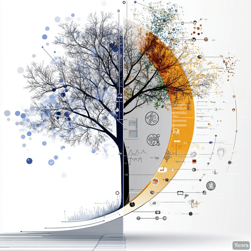 An infographic illustrating seasonal change through a split tree with winter and autumn sides.