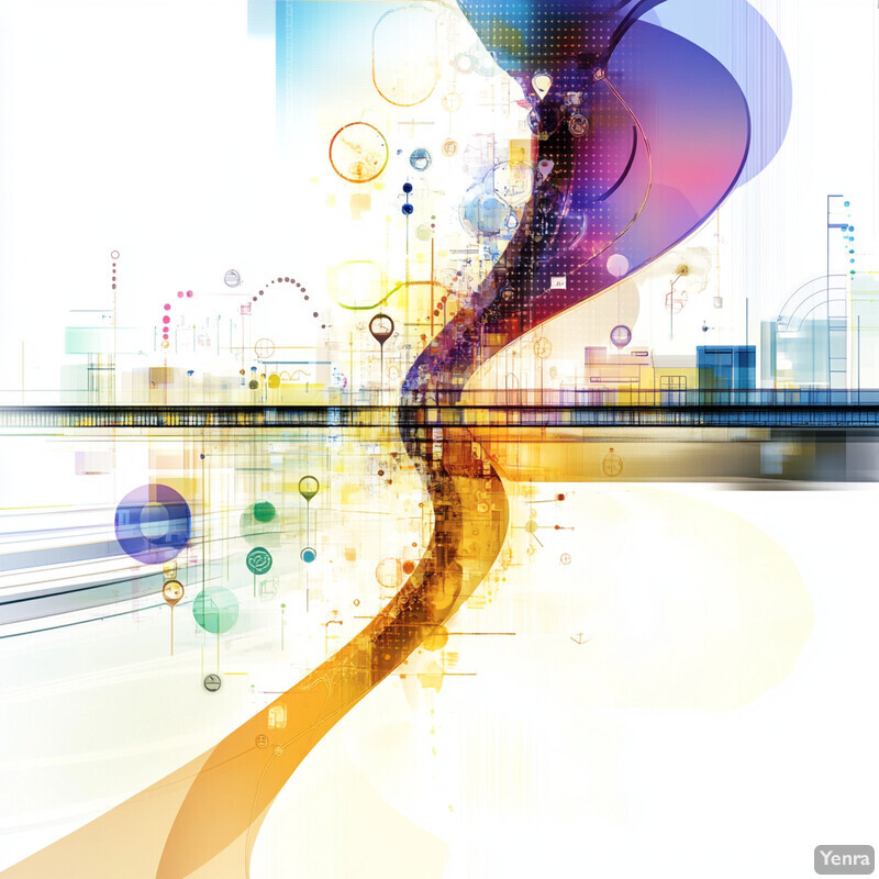 An abstract representation of disease progression modeling featuring a prominent yellow spiral and various smaller shapes and symbols.