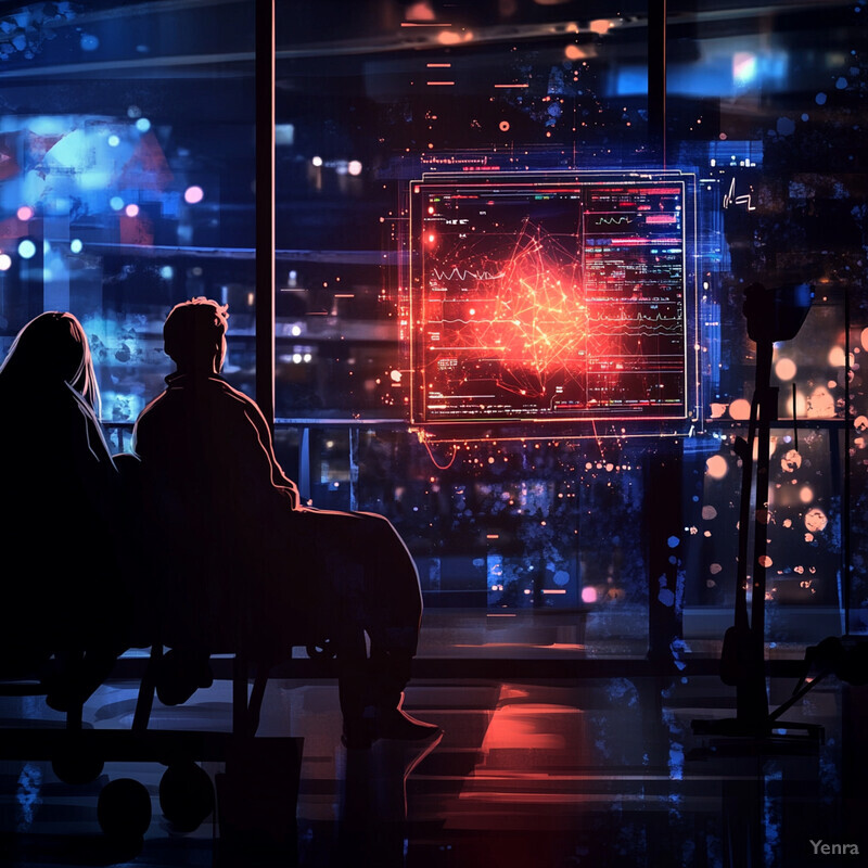 Two individuals are intently focused on a large screen displaying various graphs and charts in a dimly lit, futuristic setting.