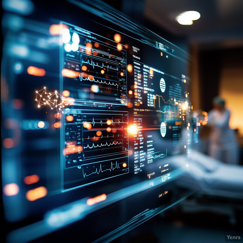 A futuristic medical environment with a large screen displaying patient data and medical professionals standing nearby.