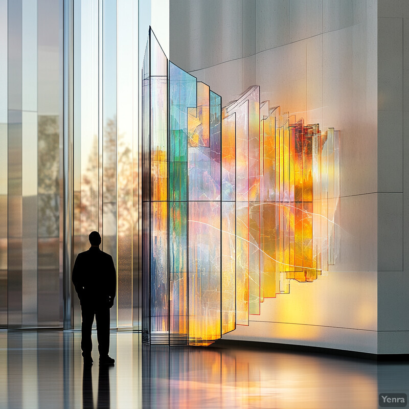 A man stands in front of an abstract art piece mounted on a wall made of large rectangular panels.