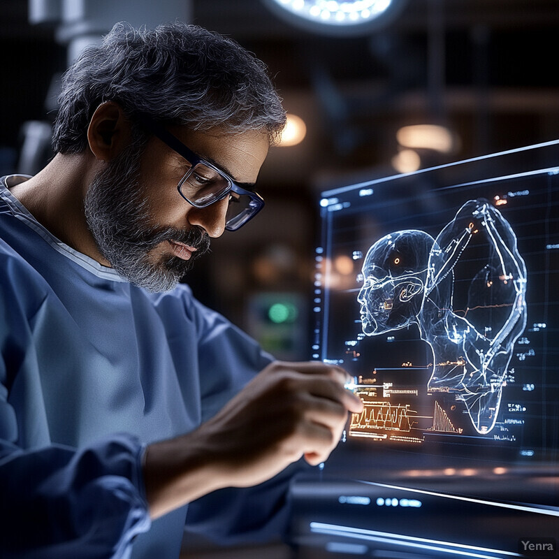 A man examines a holographic display projecting a detailed 3D model of a human head and neck.