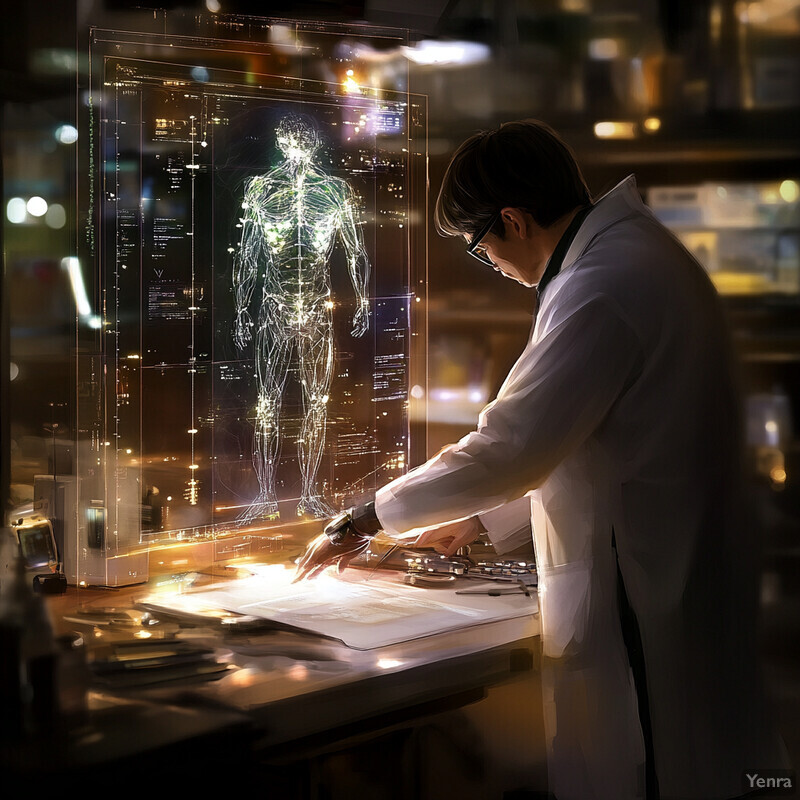 A man in a white lab coat examines a document at a desk in front of a large screen displaying a 3D model of the human body.