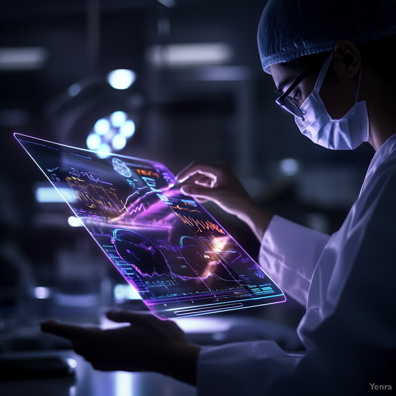 A person in medical attire is holding a tablet computer displaying graphs and charts in an operating room setting.