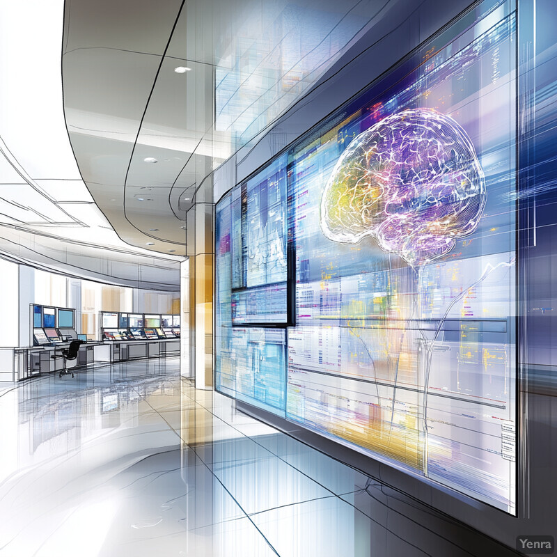 An office with a large screen displaying charts and graphs in shades of blue, white, and purple.