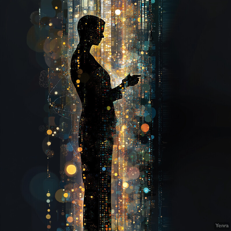 A person stands in profile against a vibrant background of lights and colors, with scattered yellow dots adding to the dynamic feel.