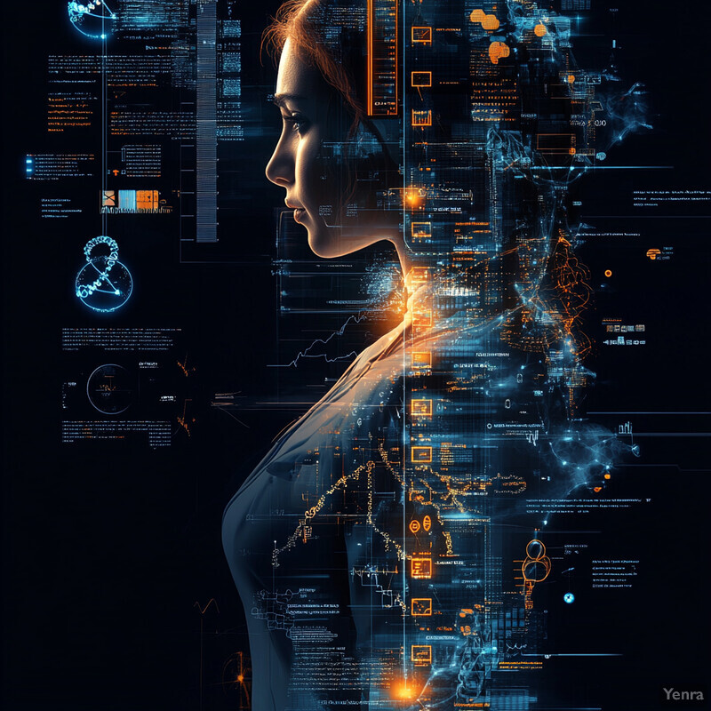 A woman is shown in an infographic setting with various symbols and numbers.