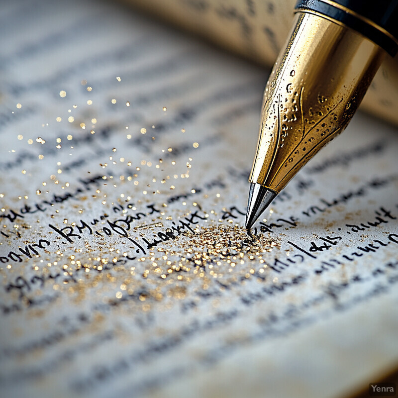 A close-up view of an open book with a gold fountain pen resting on its pages.