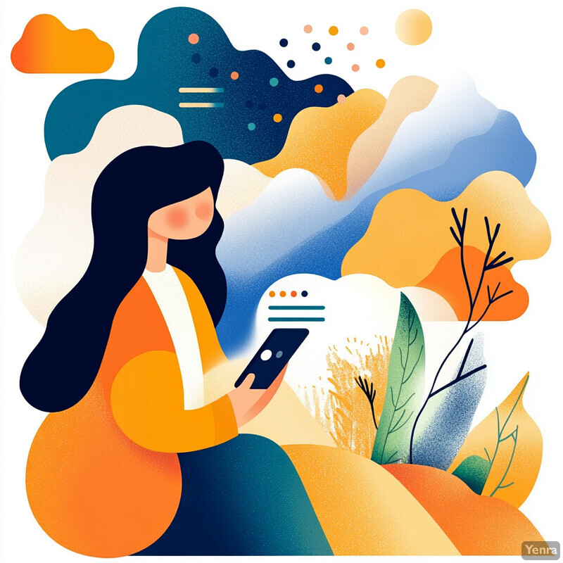 A woman sits on the ground, surrounded by abstract shapes and a cell phone with a colorful screen.