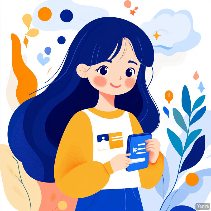 A cartoon girl holds a smartphone with an orange screen in front of a colorful background.