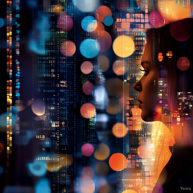 A woman's profile is set against a backdrop of multicolored circles that resemble bokeh lights or digital code.