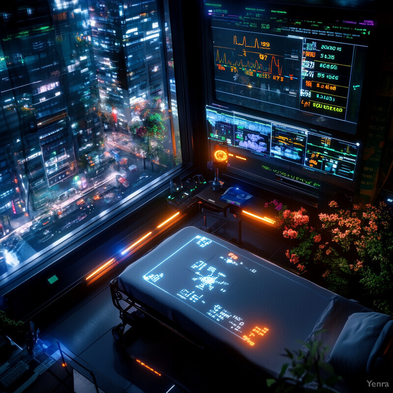 A futuristic hospital room with advanced technology and a calming view of the city.