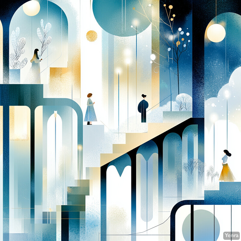 An abstract, dreamlike scene with various shapes and figures in shades of blue.