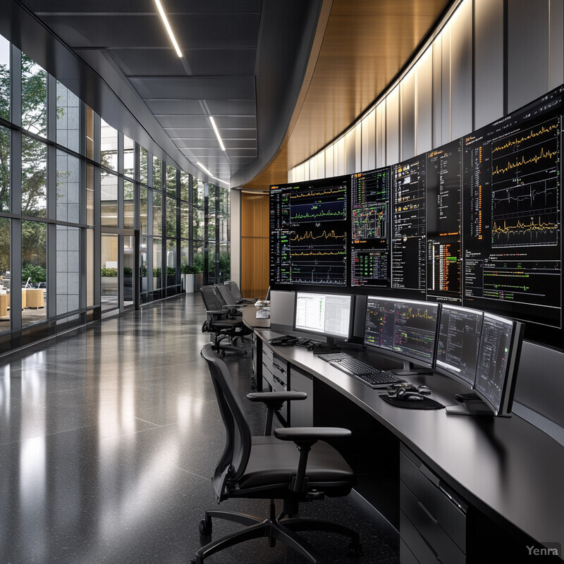 A large room with multiple screens displaying graphs and charts, suggesting it may be used for presentations or meetings.