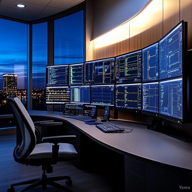 The image shows a room with multiple computer monitors and a desk chair in front of them.