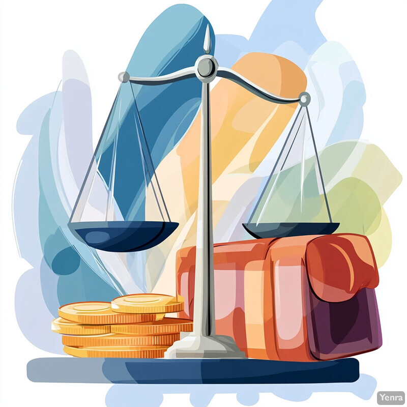 An illustration of a set of scales with money on one side and luggage on the other, symbolizing the balancing act between spending and saving when traveling.