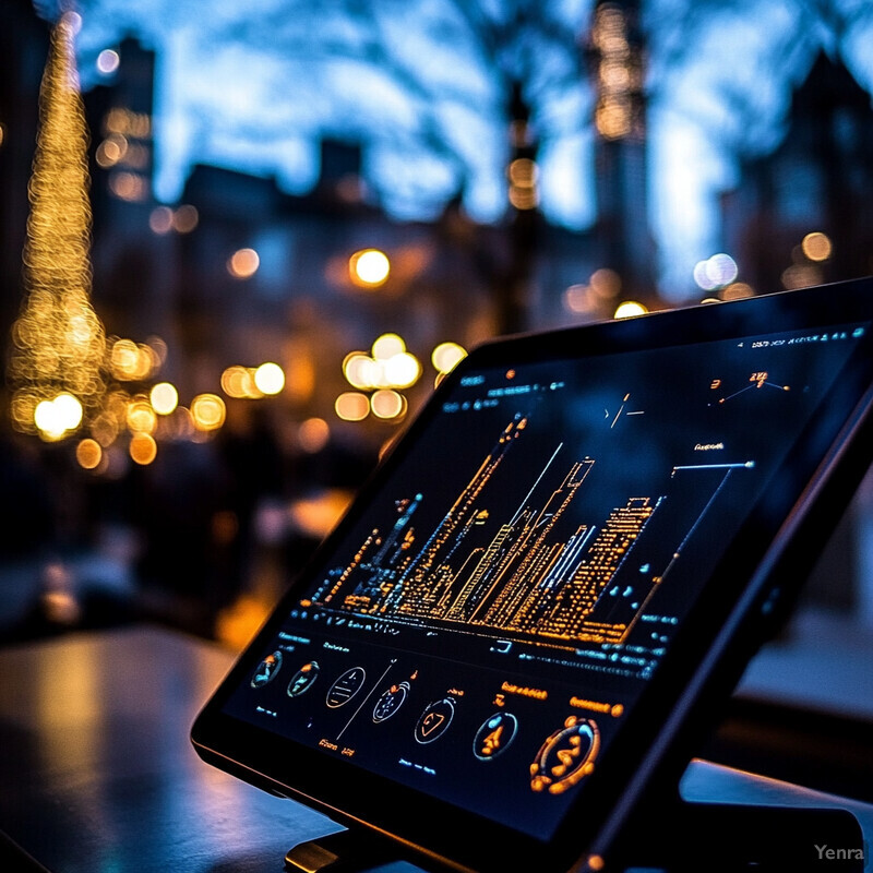 An electronic device with a screen displaying a graph or chart, possibly related to itinerary planning.