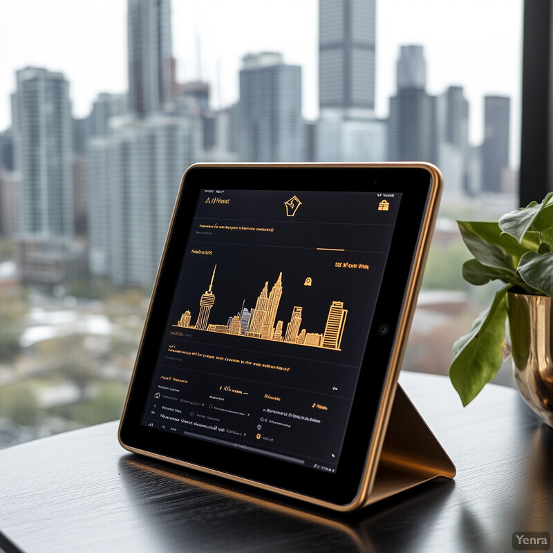 A city skyline on an iPad in a modern urban setting